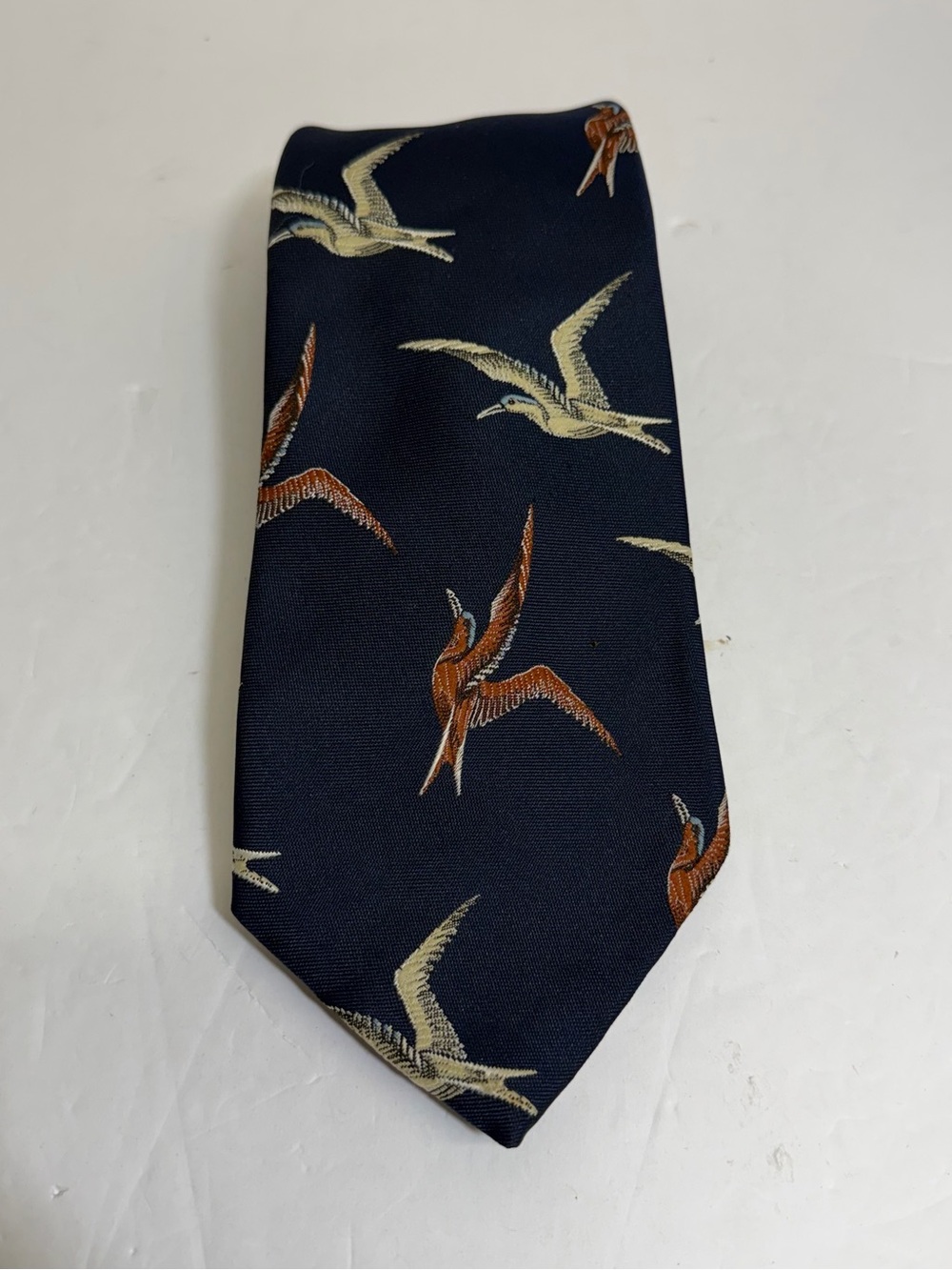 WEMLOM By Wembley VTG  Men's Navy Bird-Print Tie - Navy with Brown & Cream Birds